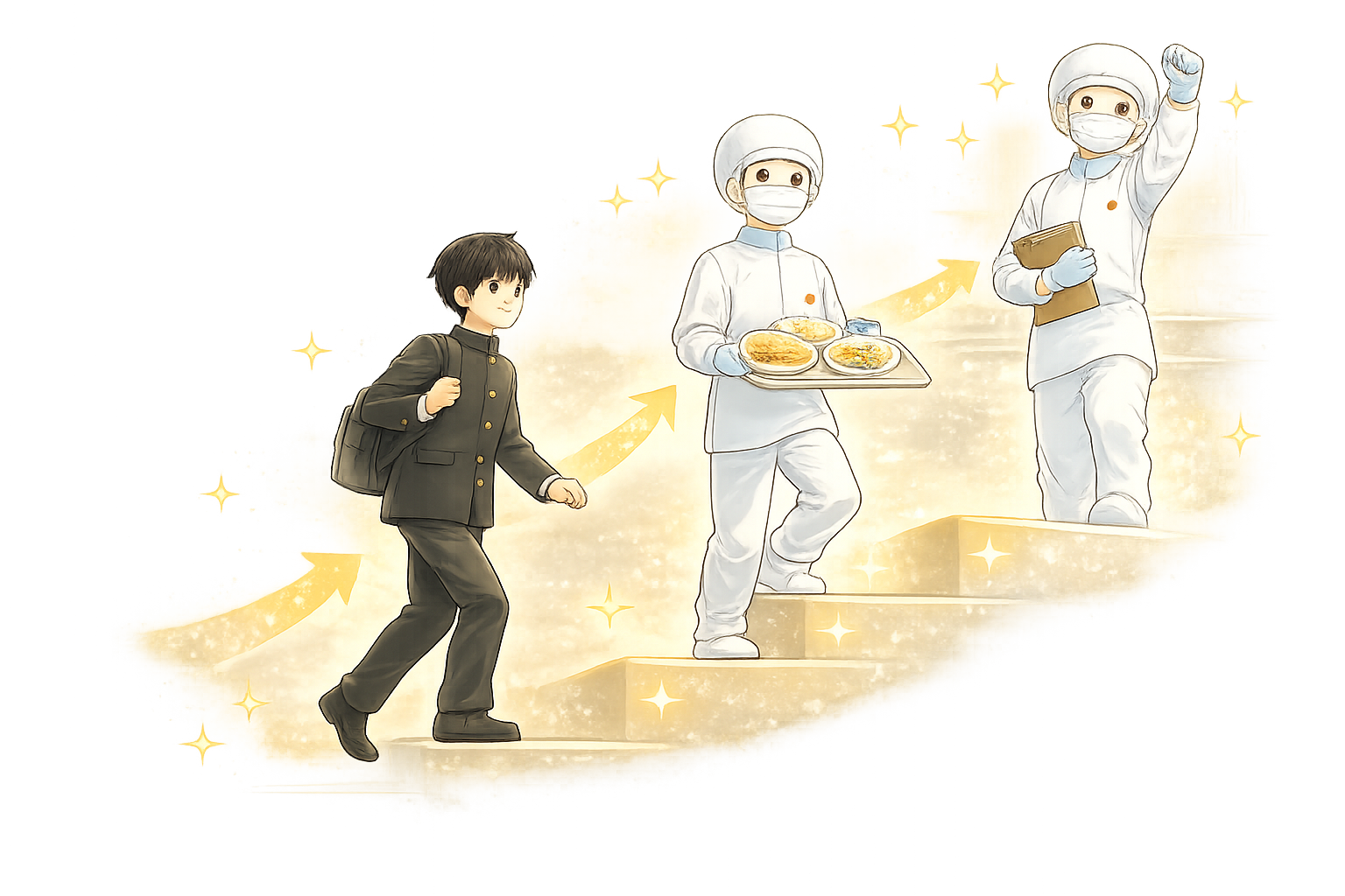 給食の仕事で成長する若手社員のイラスト