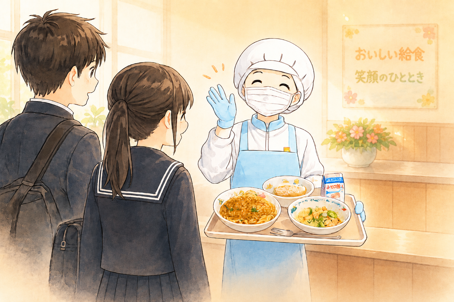 高校卒業後に給食の仕事を始める若者のイラスト