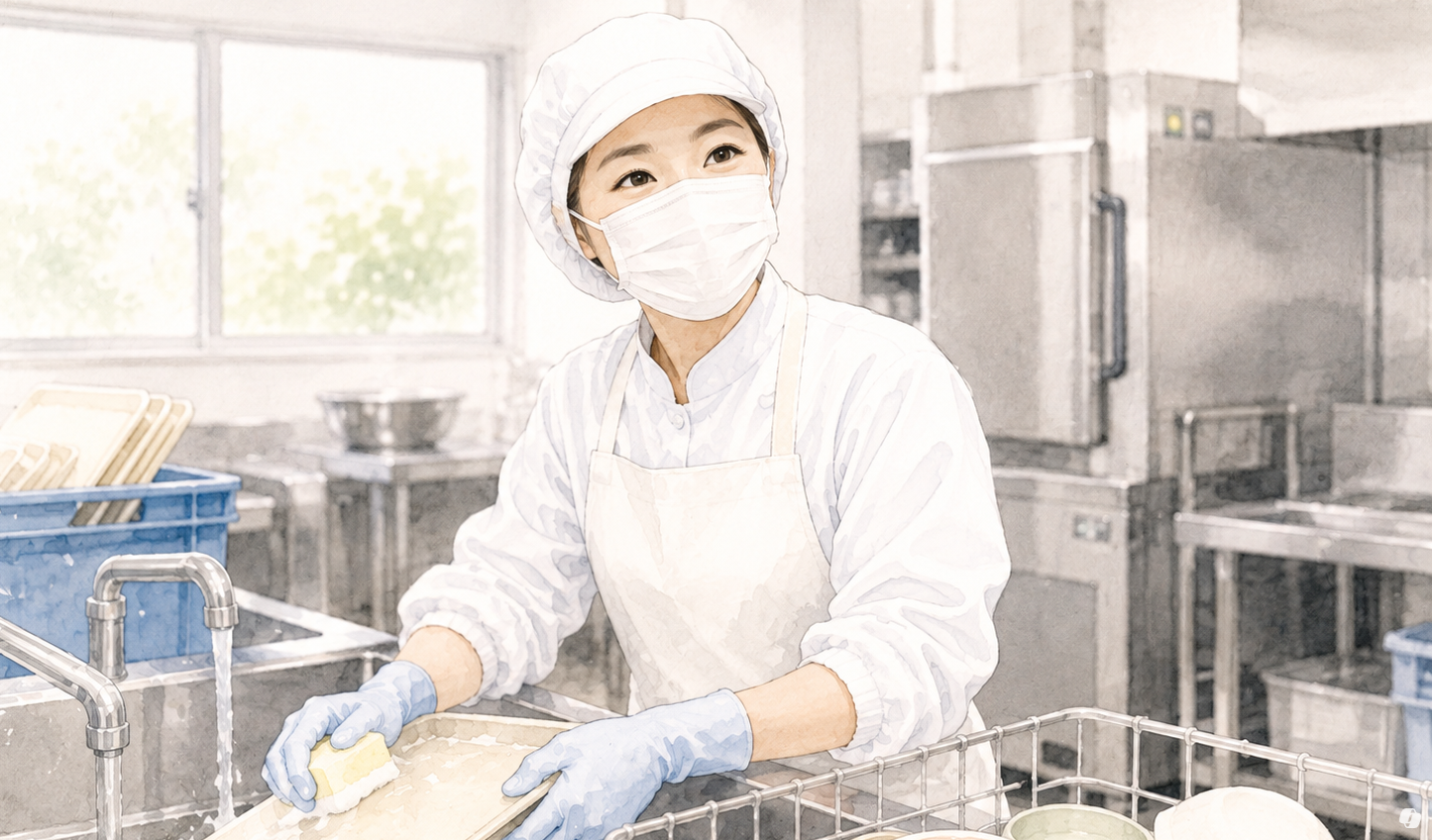 学校給食の給食室で洗浄作業を担当するスタッフのイメージ